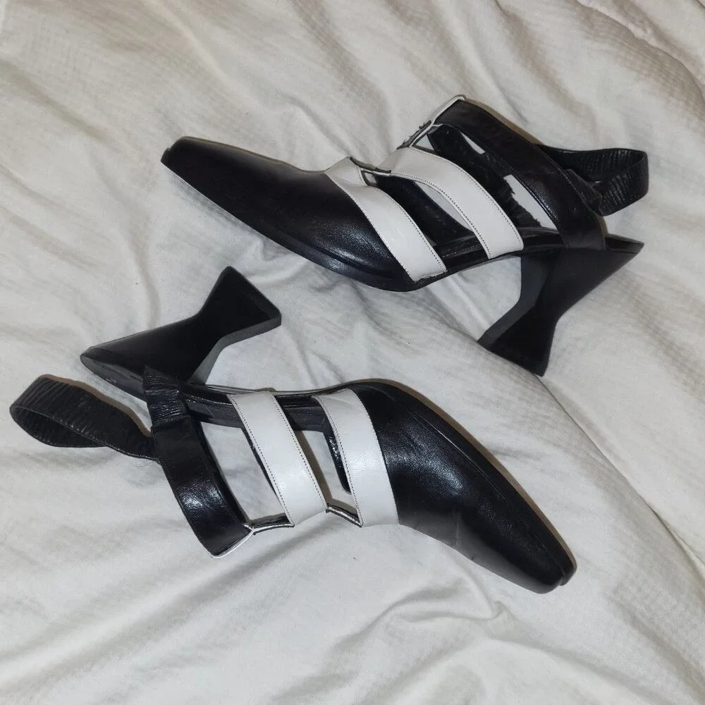 Vintage Karl Lagerfeld Black and White Strappy Slingback Heels - 7.5